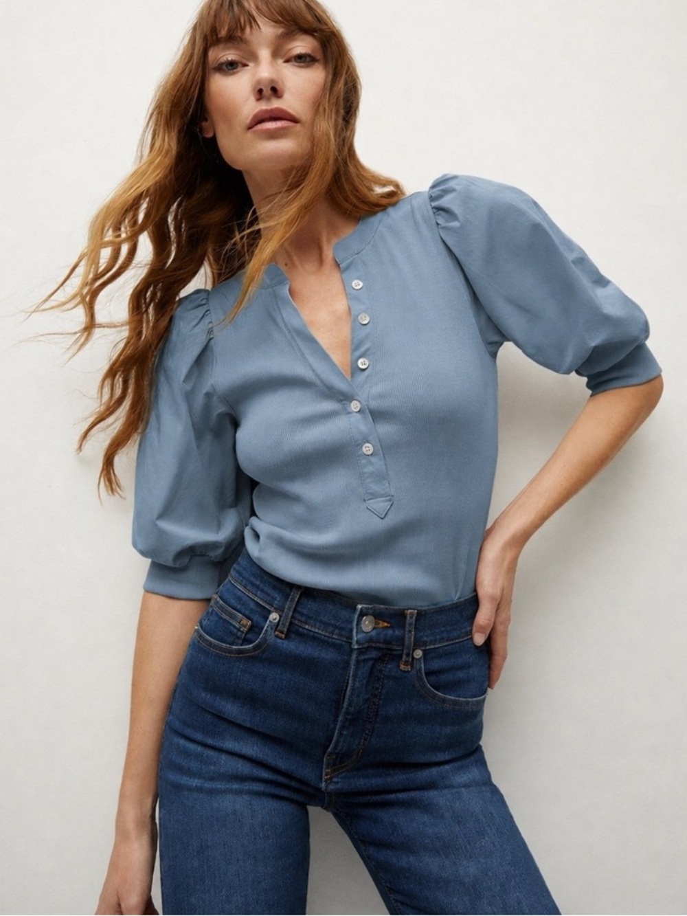 Veronica Beard Coralee Puff-Sleeve Top in Lake Mist